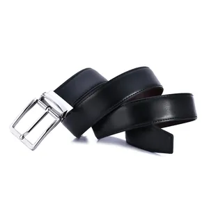 Business casual black leather belt with silver polished buckle shown in S-curve shape