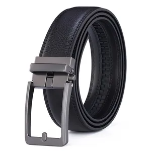 Close-up of men's leather belt featuring a gunmetal automatic buckle and ratchet track