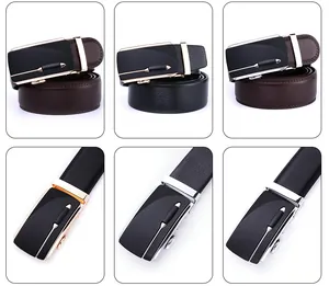 Detail view of men's leather belts with alloy automatic buckles in black and brown sets