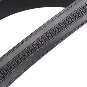 Men's black leather belt with automatic buckle track and fine stitching detail