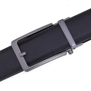 Detail of premium black cowhide leather belt with gunmetal automatic slide buckle