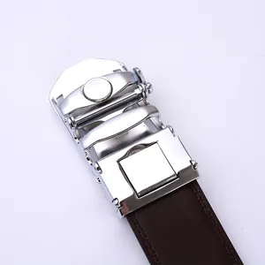 Men's brown leather belt with a silver automatic buckle showing the interior mechanism