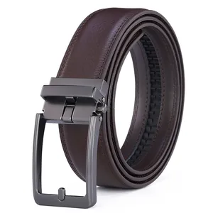 Detail view of deep brown leather belt showing fine texture and gunmetal buckle