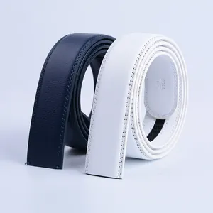 Men's leather belts in white and navy blue with fine stitching and textured finish