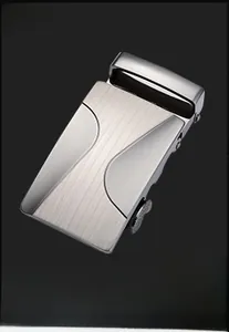 Detail of automatic alloy belt buckle with silver brushed metal finish for men