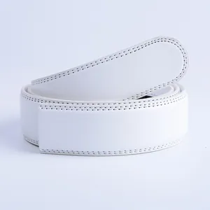 Detail view of a white leather belt strap featuring reinforced double stitching and texture