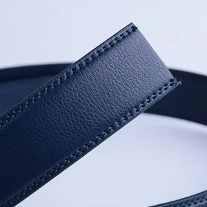 Men's dark blue genuine leather belt strap with detailed stitching and natural grain