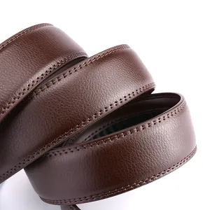 Dark brown leather business belt for men with lychee texture and double stitching detail