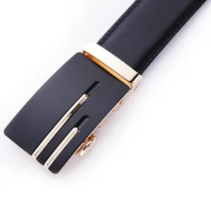 Men's leather belt with automatic metal buckle featuring matte black and gold accents