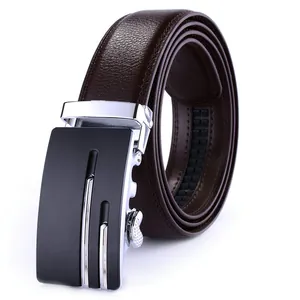 Men's dark brown genuine leather belt with automatic metal buckle and textured strap