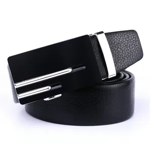 Men's black leather belt with automatic buckle and lychee texture on white background