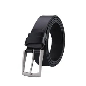 Vintage men's black leather belt with silver needle buckle and textured grain finish