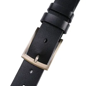 Vintage black leather belt for men with high-quality metal pin buckle and textured finish