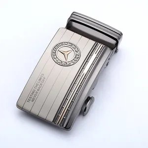 Premium gunmetal gray automatic belt buckle with luxury car logo and textured finish