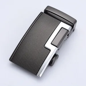 Business belt buckle in gunmetal alloy with diamond texture and silver L-shaped inlay