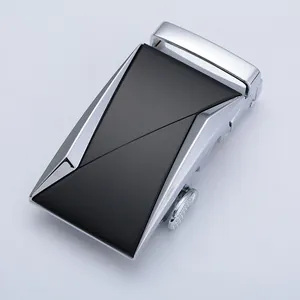 Men's automatic alloy belt buckle with silver finish and black geometric triangle plate