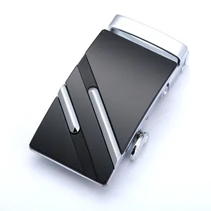 Detail of alloy automatic belt buckle with matte black and silver geometric metal pattern