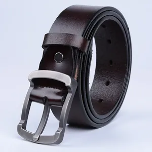 Classic dark brown leather belt with a brushed silver metal pin buckle for men