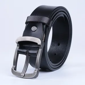 Classic men's black cowhide leather belt with brushed gunmetal pin buckle closure