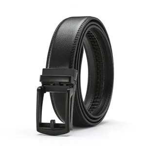 Men's black genuine leather belt with automatic matte buckle and litchi texture