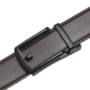 Men's dark brown leather belt with black matte automatic buckle and litchi texture