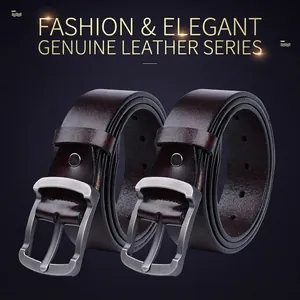 Genuine leather men's belt set with two dark brown straps and matte silver pin buckles