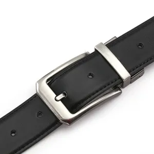 Classic black leather belt for men with a brushed silver rotating pin buckle and fine stitching