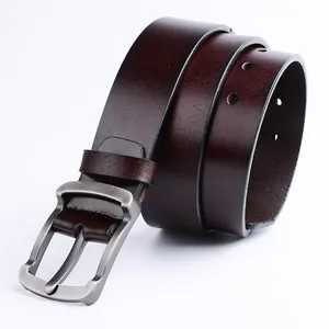 Men's dark brown leather belt with classic silver metal pin buckle on white background