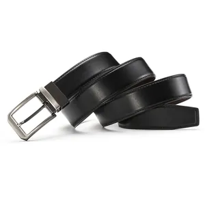 Men's reversible black leather belt with silver rotating pin buckle for business look