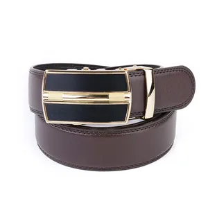 Detailed view of dark brown cowhide leather belt with gold automatic buckle and texture
