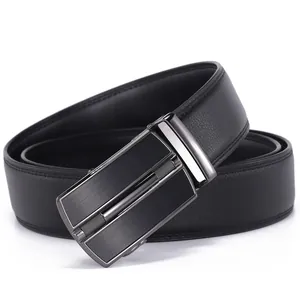 Men's Cowhide Leather Belt With Zinc Alloy Automatic Buckle Business Casual Litchi Texture Formal Waist Strap