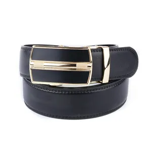 Classic men's black leather belt featuring an automatic buckle with a sleek brushed metal finish