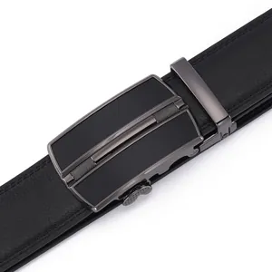 Men's premium black genuine leather belt with gunmetal automatic buckle for business