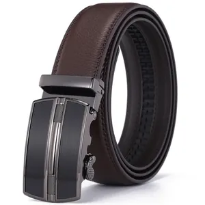 Premium men's dark brown leather automatic belt with gunmetal buckle for business style