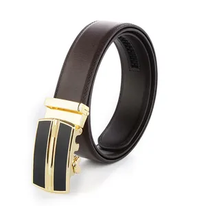 Men's brown leather belt with automatic gold buckle and textured finish on white background