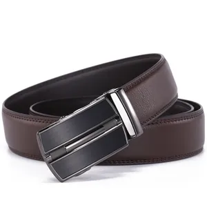 Men's dark brown leather belt with high-grade brushed metal automatic buckle for business wear