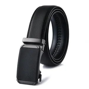 Ceinture pour homme en cuir noir avec boucle automatique et texture de litchi