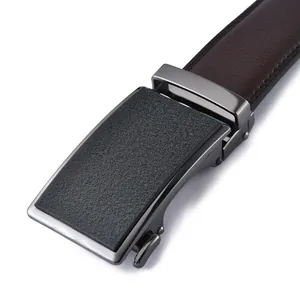 Men's business automatic buckle leather belt in dark brown with dark gray alloy buckle