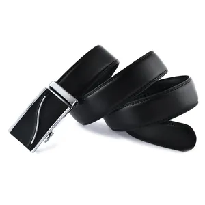 Men's black leather belt with silver automatic buckle and textured lychee pattern leather
