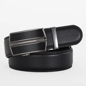 Close-up of premium men's leather belt with lychee texture and brushed metal buckle