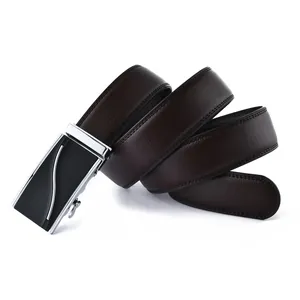 Close-up of men's leather belt with lychee texture and silver automatic buckle