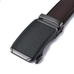 Ceinture homme en cuir avec boucle automatique gris fusil et incrustation litchi