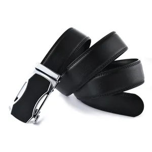 Men's black genuine leather belt with a modern silver automatic buckle on white background