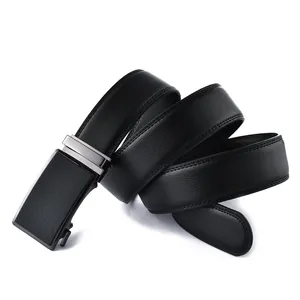 Detail of black leather belt with automatic buckle and lychee grain texture