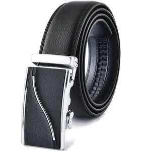Men's automatic buckle black leather belt with lychee texture on white background