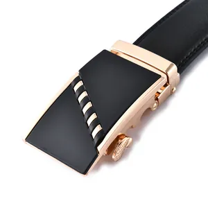 Men's genuine leather belt with rose gold alloy automatic buckle and textured black panel