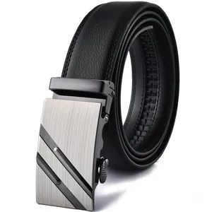 Men Business Casual Split Cowhide Leather Belt With Automatic Alloy Buckle Litchi Pattern Waistband For Men Accessories
