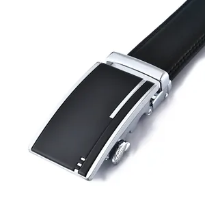 Men's business automatic buckle leather belt featuring silver frame and black finish