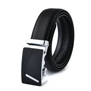 Detail of black leather belt showing automatic silver-black buckle and precise stitching