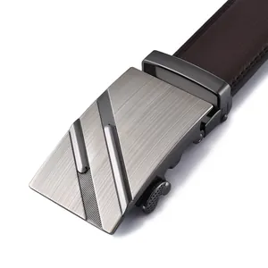 Men's automatic buckle leather belt with gunmetal finish and dark brown textured strap